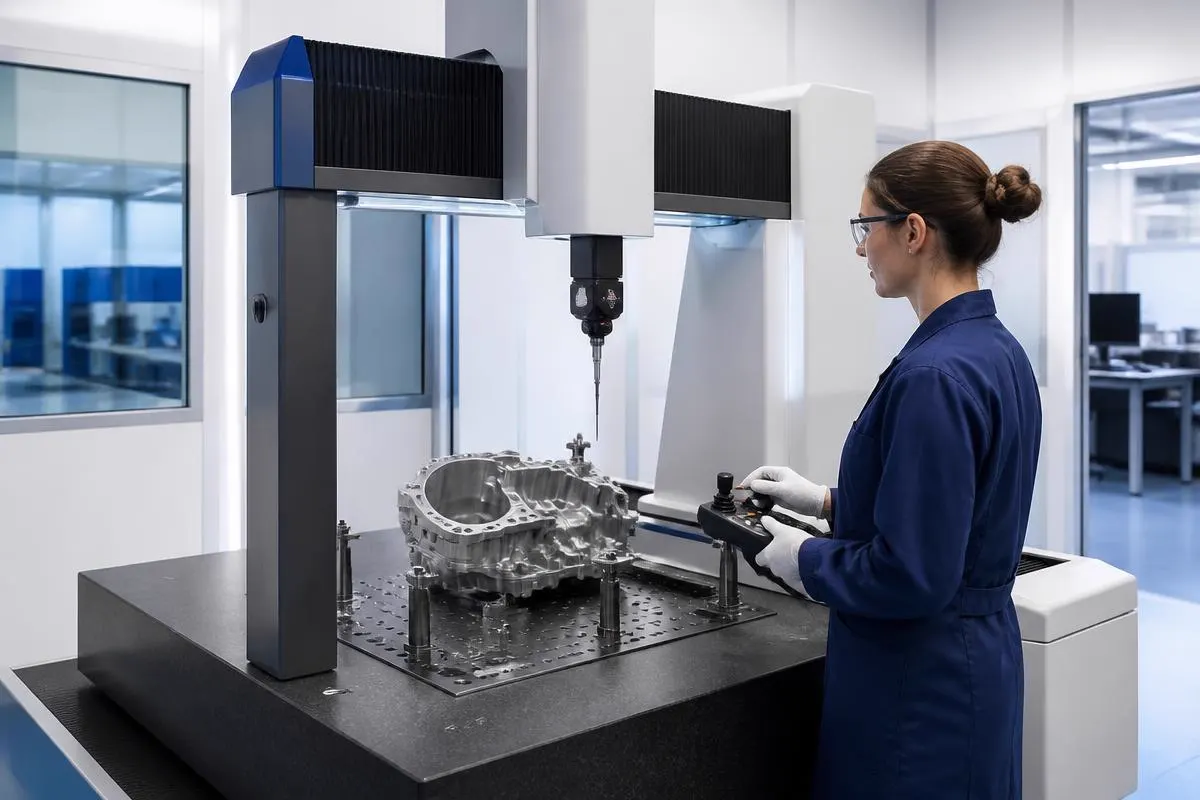 Laboratorio de metrología moderno con máquina de medición por coordenadas CMM inspeccionando una pieza industrial