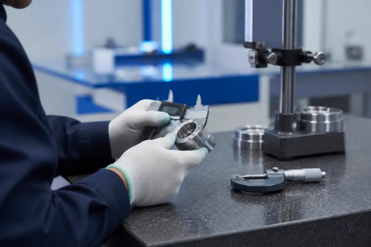 Detalle de un instrumento de medición dimensional verificando una pieza mecanizada